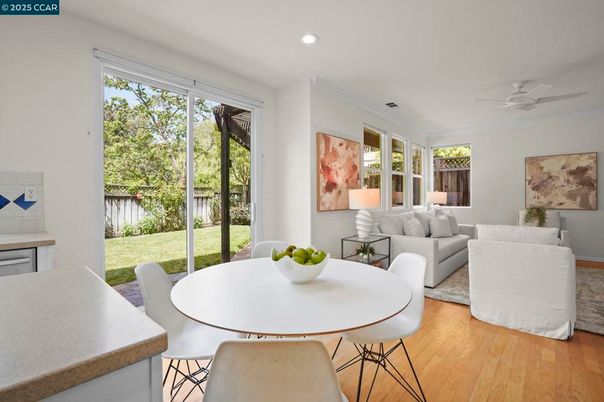 Dining room, Interior, Living room, Recessed Lighting, Wood Texture Flooring
