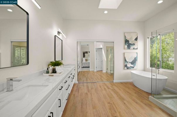 Bathroom, Dual Sink Vanities, Free Standing Baths, Interior, Recessed Lighting, Wood Texture Flooring