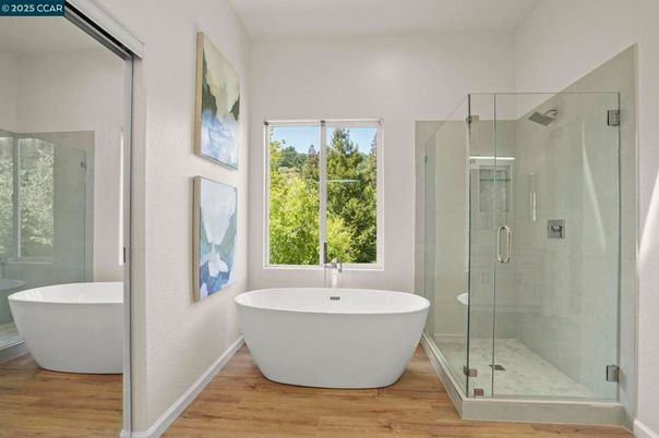 Bathroom, Free Standing Baths, Glass Shower, Interior, Wood Texture Flooring