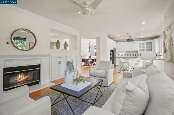 Dining room, Fireplace, Interior, Kitchen, Living room, Pendant Lights, Recessed Lighting, Wood Texture Flooring