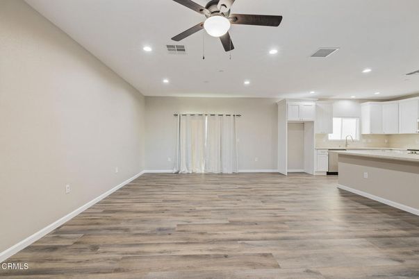 Empty room, Interior, Kitchen, Recessed Lighting, Wood Texture Flooring