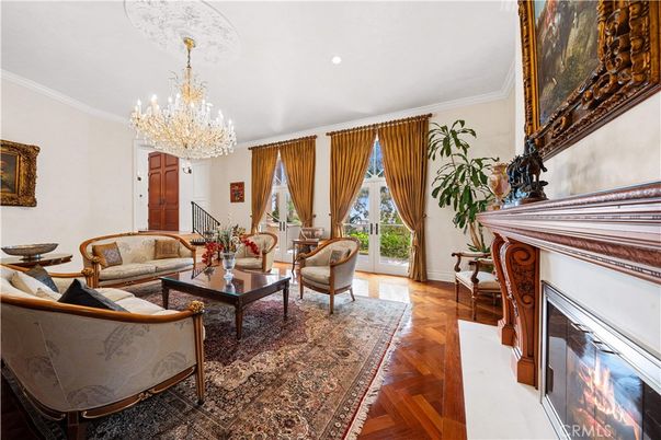 Chandelier, Fireplace, Interior, Living room, Recessed Lighting, Wood Texture Flooring