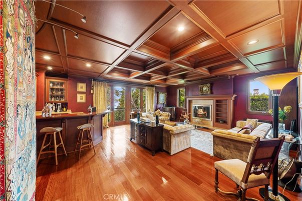 Fireplace, Interior, Living room, Recessed Lighting, Wooden Ceilings, Wood Texture Flooring