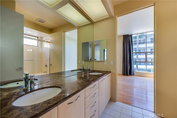 Bathroom, Dual Sink Vanities, Interior, Recessed Lighting, Wood Texture Flooring