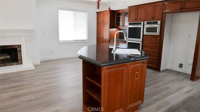 Fireplace, Interior, Kitchen, Stainless Steel Appliances, Wood Texture Flooring