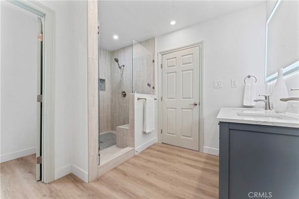 Bathroom, Glass Shower, Interior, Recessed Lighting, Wood Texture Flooring