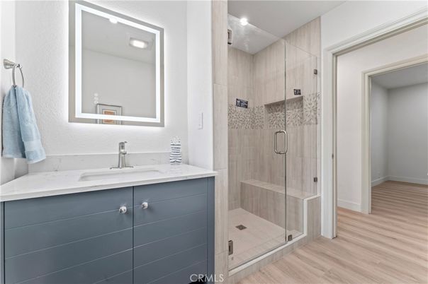 Bathroom, Glass Shower, Interior, Wood Texture Flooring