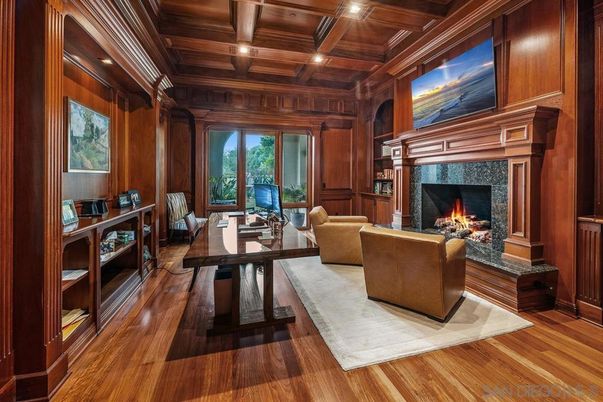 Fireplace, Home Office, Interior, Living room, Recessed Lighting, Wooden Beams, Wooden Ceilings, Wood Texture Flooring, Wooden Walls