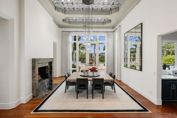 Dining room, Fireplace, Interior, Pendant Lights, Wood Texture Flooring