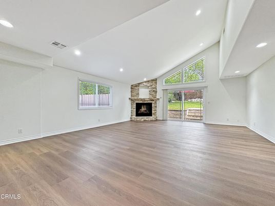 Empty room, Fireplace, Interior, Recessed Lighting, Wood Texture Flooring