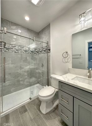 Bathroom, Glass Shower, Interior, Recessed Lighting, Wood Texture Flooring