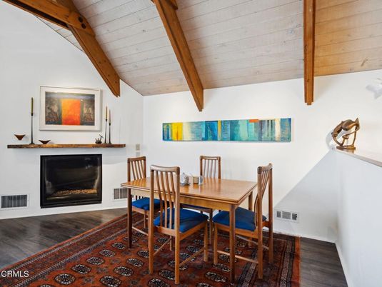 Dining room, Fireplace, Interior, Wooden Beams, Wood Texture Flooring