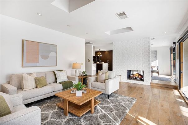 Fireplace, Interior, Living room, Recessed Lighting, Wood Texture Flooring