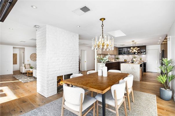 Chandelier, Dining room, Fireplace, Interior, Kitchen, Pendant Lights, Recessed Lighting, Wood Texture Flooring