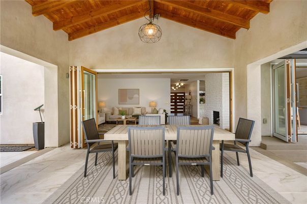 Dining room, Fireplace, Interior, Pendant Lights, Stone Walls, Wooden Beams, Wooden Ceilings