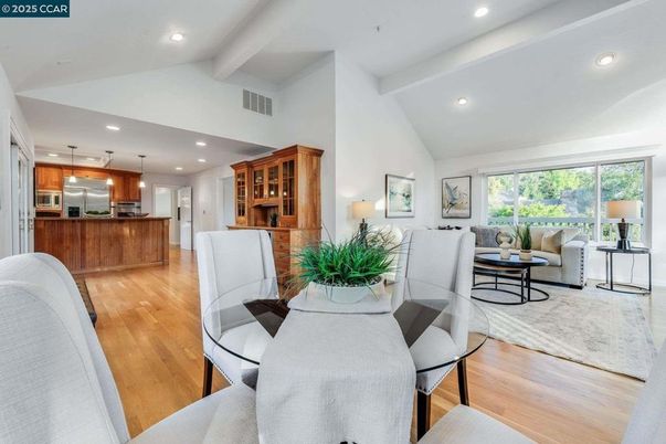 Dining room, Interior, Kitchen, Living room, Pendant Lights, Recessed Lighting, Stainless Steel Appliances, Wood Texture Flooring
