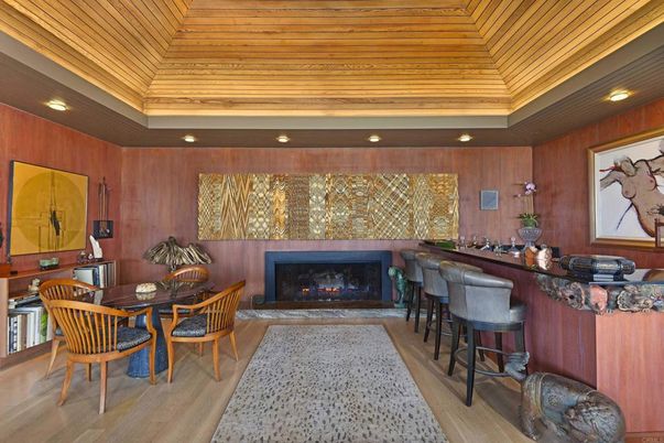 Dining room, Fireplace, Interior, Recessed Lighting, Wooden Ceilings, Wood Texture Flooring, Wooden Walls