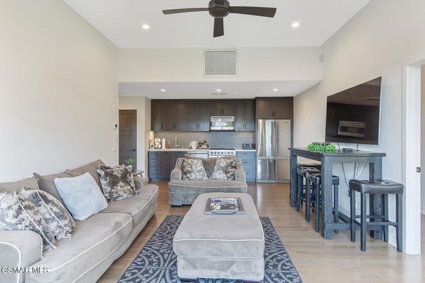 Interior, Kitchen, Living room, Recessed Lighting, Stainless Steel Appliances, Wood Texture Flooring