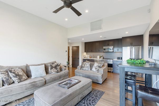 Interior, Kitchen, Living room, Recessed Lighting, Stainless Steel Appliances, Wood Texture Flooring