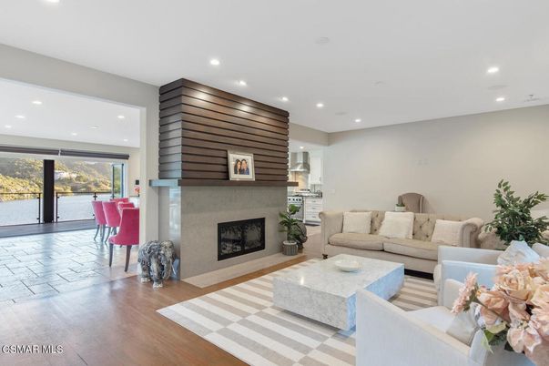 Fireplace, Interior, Living room, Recessed Lighting, Wood Texture Flooring
