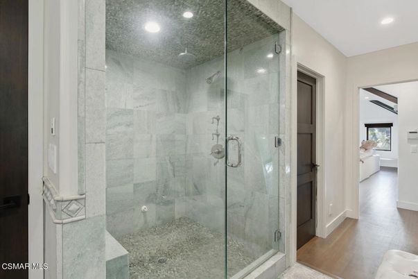 Bathroom, Glass Shower, Interior, Recessed Lighting, Wood Texture Flooring