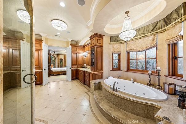 Bathroom, Chandelier, Glass Shower, Interior, Recessed Lighting