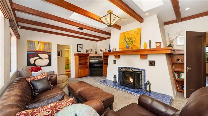 Fireplace, Interior, Living room, Recessed Lighting, Wooden Beams