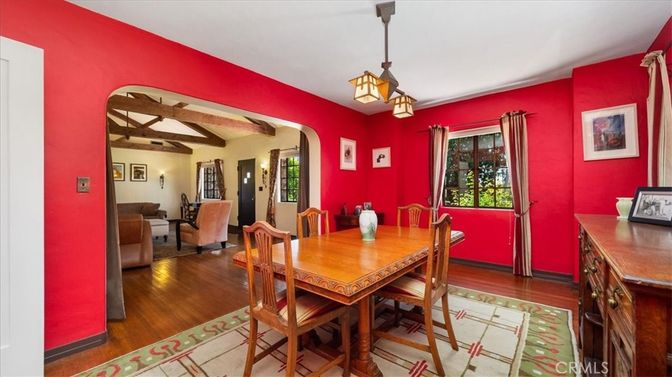 Dining room, Interior, Pendant Lights, Wooden Beams, Wood Texture Flooring