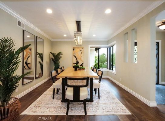 Chandelier, Dining room, Interior, Recessed Lighting, Wooden Beams, Wood Texture Flooring