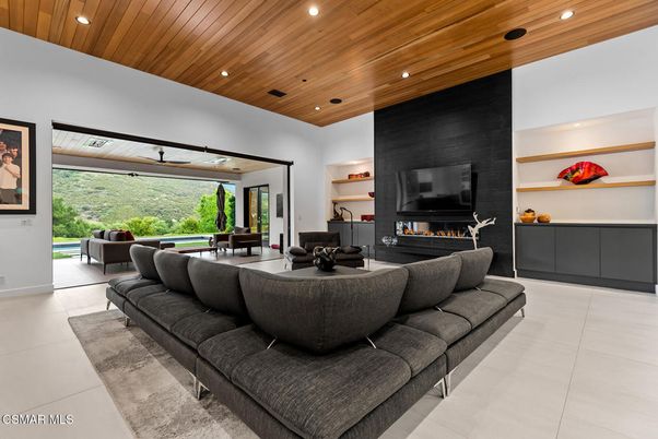 Fireplace, Interior, Living room, Recessed Lighting, Wooden Ceilings
