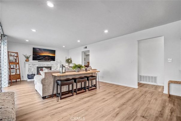 Fireplace, Interior, Living room, Recessed Lighting, Wood Texture Flooring