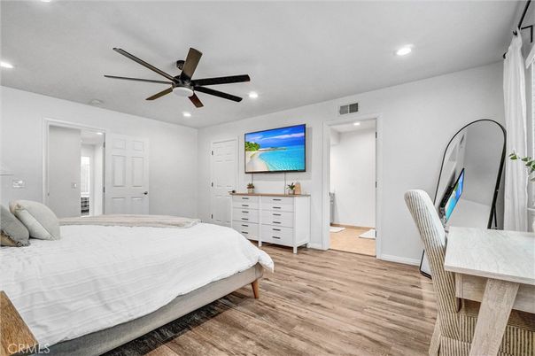 Bedroom, Interior, Recessed Lighting, Wood Texture Flooring