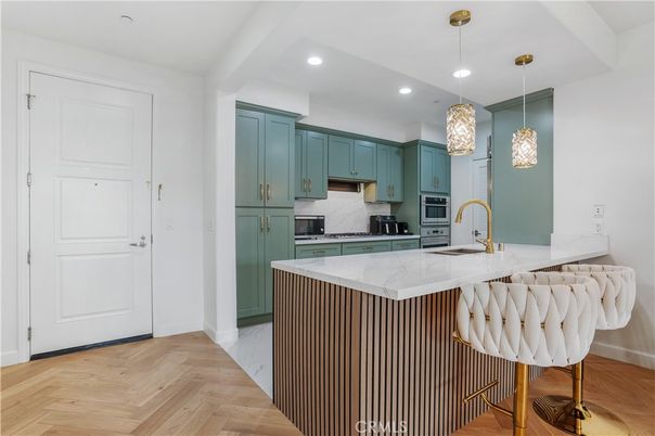 Interior, Kitchen, Pendant Lights, Recessed Lighting, Stainless Steel Appliances, Wood Texture Flooring