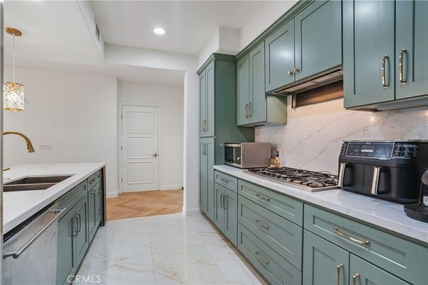 Interior, Kitchen, Marble, Pendant Lights, Recessed Lighting, Wood Texture Flooring