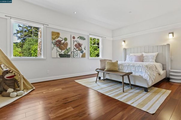 Bedroom, Interior, Recessed Lighting, Wood Texture Flooring