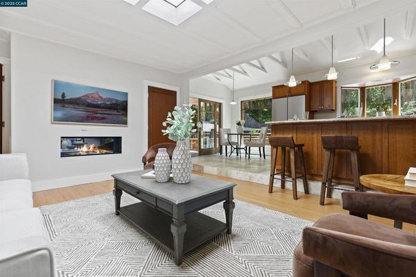 Dining room, Fireplace, Interior, Pendant Lights, Wood Texture Flooring