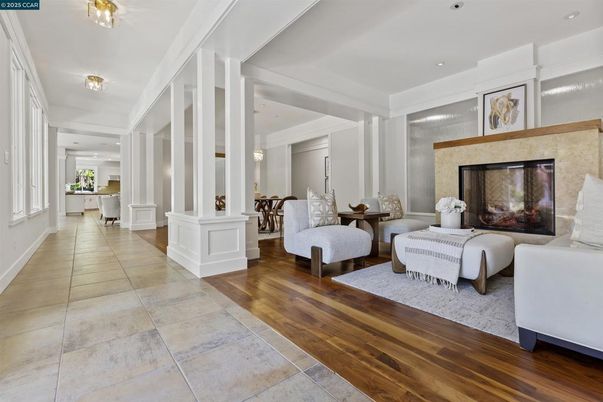Dining room, Fireplace, Interior, Recessed Lighting, Wood Texture Flooring