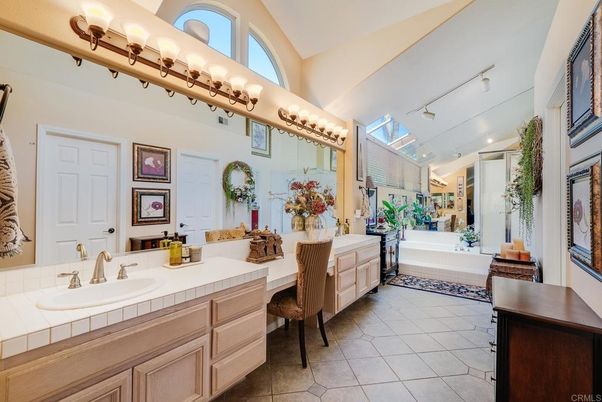 Bathroom, Dual Sink Vanities, Interior, Recessed Lighting, Tile Countertops