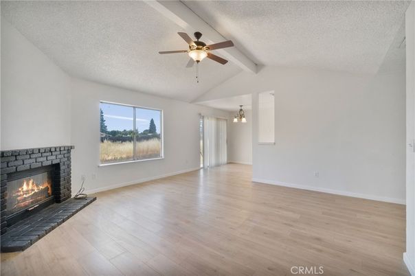 Empty room, Fireplace, Interior, Pendant Lights, Wood Texture Flooring