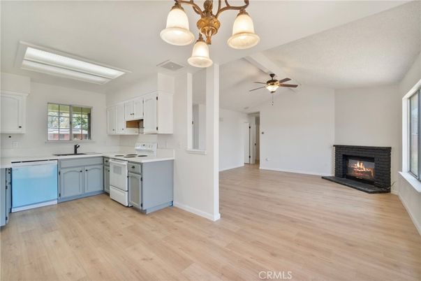 Empty room, Fireplace, Interior, Kitchen, Wood Texture Flooring