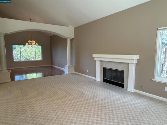 Chandelier, Empty room, Fireplace, Interior, Pendant Lights, Wood Texture Flooring