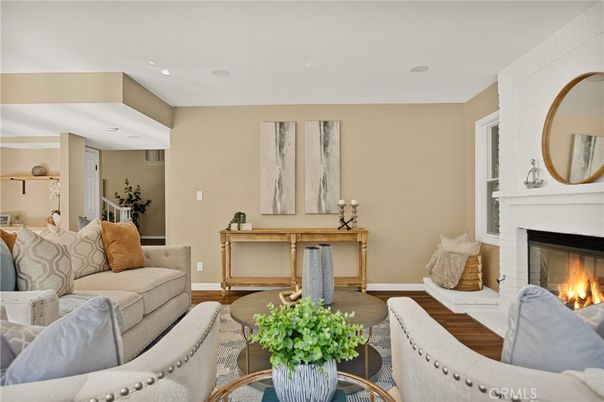 Fireplace, Interior, Living room, Recessed Lighting, Wood Texture Flooring