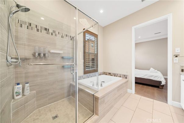 Bathroom, Bedroom, Glass Shower, Interior, Recessed Lighting, Wood Texture Flooring