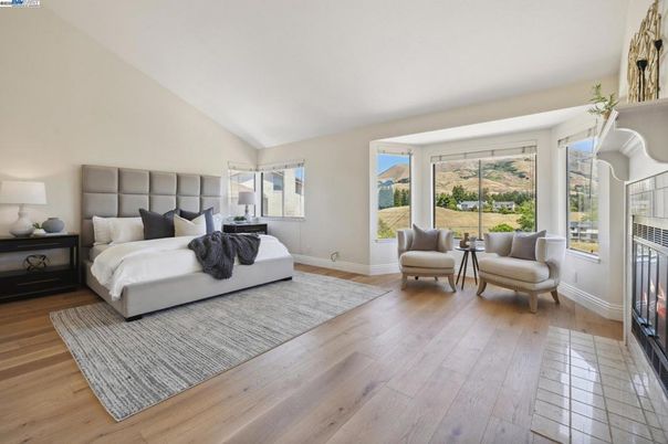 Bedroom, Fireplace, Interior, Wood Texture Flooring