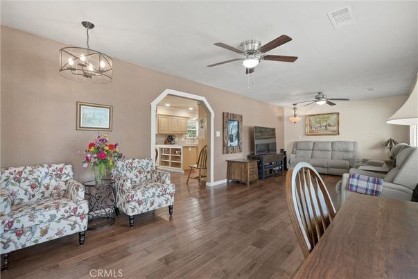 Chandelier, Dining room, Interior, Kitchen, Living room, Pendant Lights, Recessed Lighting, Wood Texture Flooring