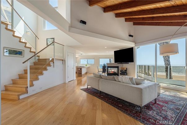 Fireplace, Interior, Living room, Recessed Lighting, Water, Wooden Beams, Wooden Ceilings, Wood Texture Flooring
