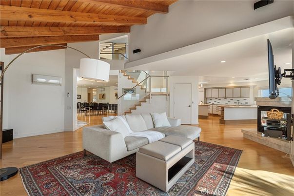 Dining room, Fireplace, Interior, Kitchen, Living room, Recessed Lighting, Wooden Beams, Wooden Ceilings, Wood Texture Flooring