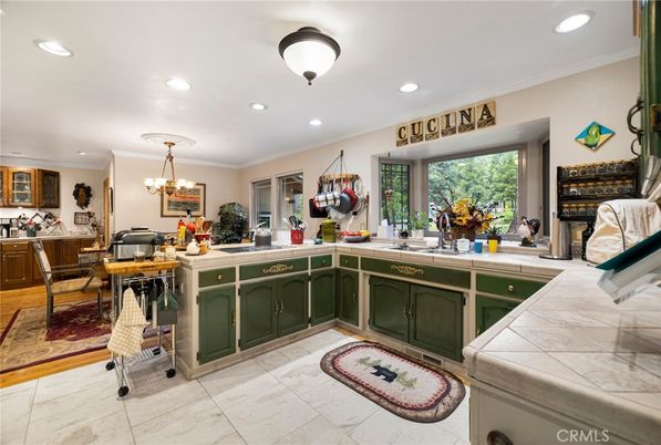Chandelier, Dining room, Interior, Kitchen, Recessed Lighting, Tile Countertops