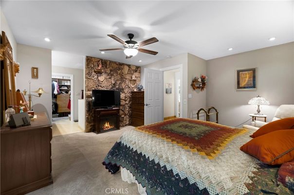Bedroom, Fireplace, Interior, Recessed Lighting, Stone Walls