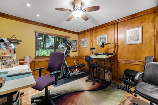 Fitness Equipment, Home Office, Interior, Recessed Lighting, Wood Texture Flooring, Wooden Walls